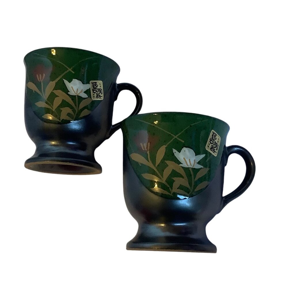 Vtg Japanese Folk Art Hand-Painted Ceramic Mugs Cups Set Of 2 Floral Design 3.5”